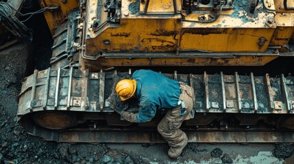 Worker Examining the Underside of a Bulldozer
