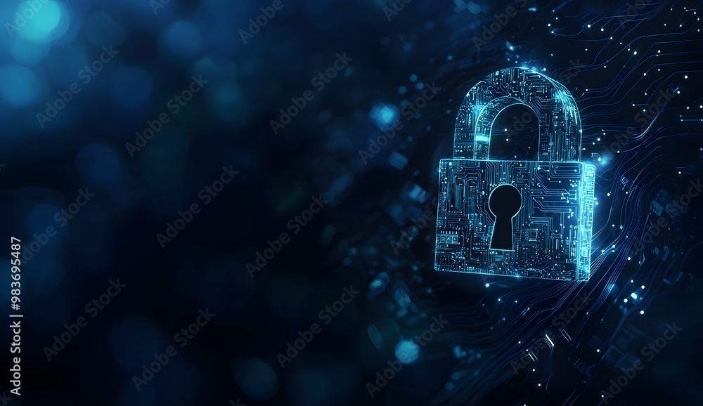 Poster a digital illustration of an illuminated lock symbol with circuit patterns,