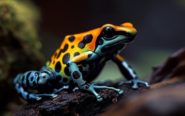 Obraz premium Close-up wildlife shot of a vibrant poison dart frog in its natural habitat, showcasing its vivid colors and unique patterns. 