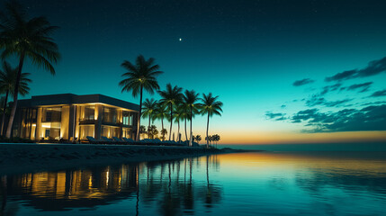 Obraz premium Modern luxury villa reflecting in ocean at sunset on tropical island