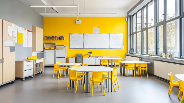 Modern empty school classroom with yellow walls and chairs