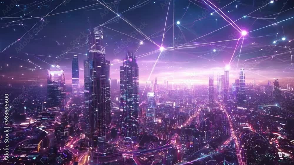 Poster digital network connections above smart city with glowing lines and dots , futuristic background ,ge