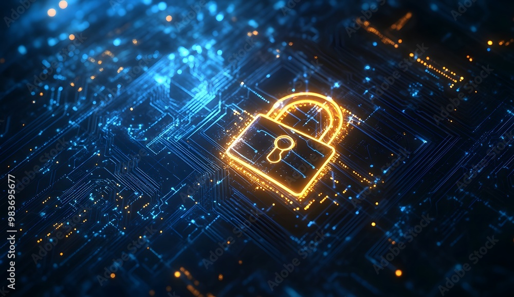 Poster a digital illustration of an illuminated lock symbol with circuit patterns,