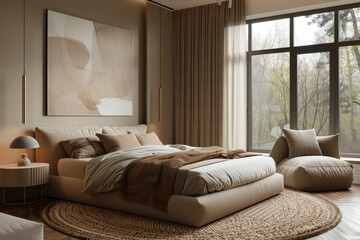 Modern minimalist bedroom with beige walls, parquet floor, bed, armchair, abstract photorealistic painting, and large round carpet, evening light from the window. 