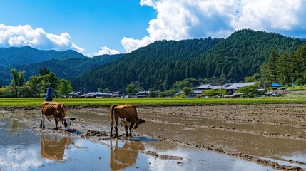 Obraz premium Two Cows Grazing in a Muddy Rice Paddy Field
