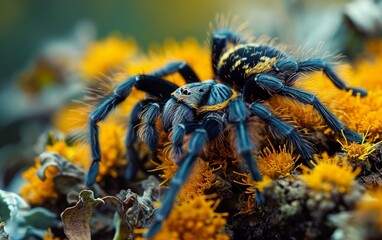 Close-up wildlife photography of a tarantula in its natural habitat, showcasing the spider's detailed features and textures in the wild.
