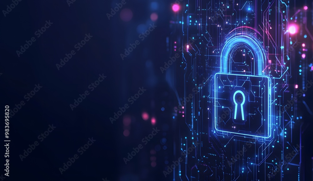 Poster a digital illustration of an illuminated lock symbol with circuit patterns,