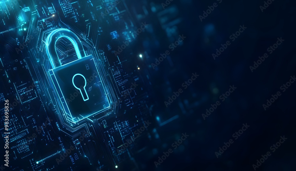 Poster a digital illustration of an illuminated lock symbol with circuit patterns,