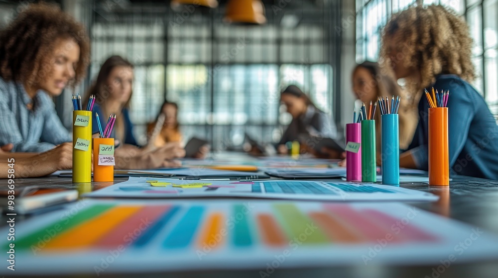 Aufkleber group collaborating with colorful materials in a modern workspace.