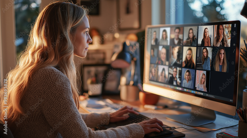 Poster young woman working from home having video conference call using computer