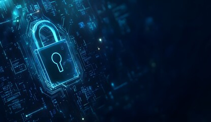 A digital illustration of an illuminated lock symbol with circuit patterns,