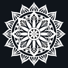 a vector of black and white colour design of a mandala with a black background