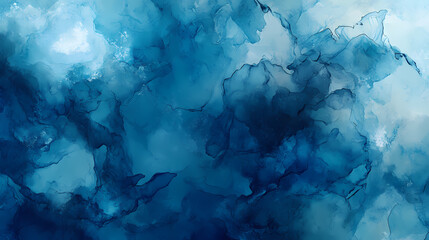 Abstract blue background with overlapping, fluid-like shapes in various shades of blue. the design resembles watercolor or ink wash art with a sense of depth and texture. Ink Wash. Illustration