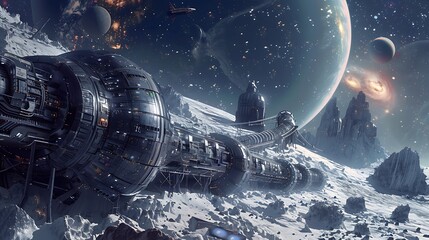Futuristic spaceship rests on an alien planet, with a vast galaxy, stars, and a distant planet in the background. The scene evokes a sense of wonder and the vastness of space exploration.