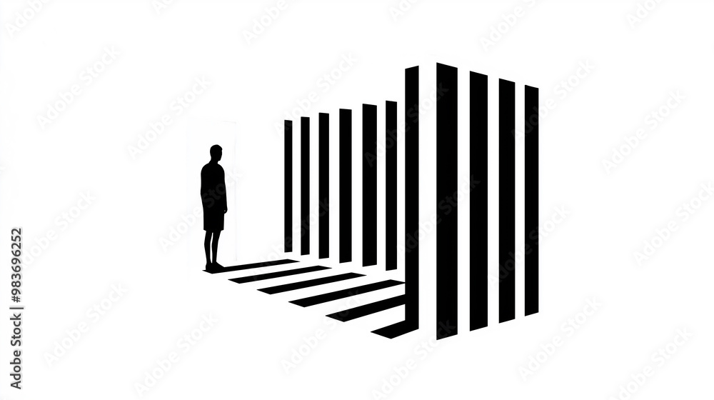Poster man walking into a room with striped walls casting shadows on the floor