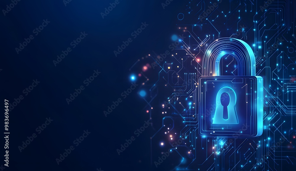 Poster a digital illustration of an illuminated lock symbol with circuit patterns,