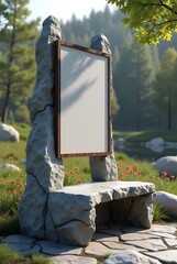 自然の中に建築された石のモニュメントと木の枠で出来た白いボードの画像