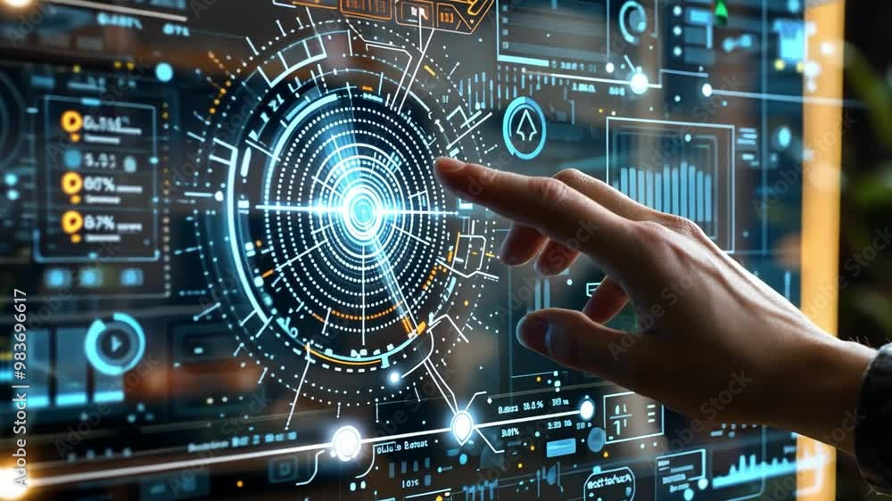 Poster A hand reaches out to engage with a holographic interface filled with detailed data visualizations and graphics, set in a modern technology workspace.