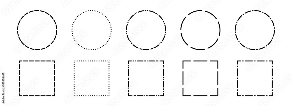 Aufkleber Black dashed frame set. Dashed outline circle and square border collection. Geometric dotted rectangular and round shape pack. Outline cut out element design bundle for poster, banner, flyer. Vector