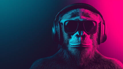 Cool monkey wearing sunglasses listening music headphones neon background