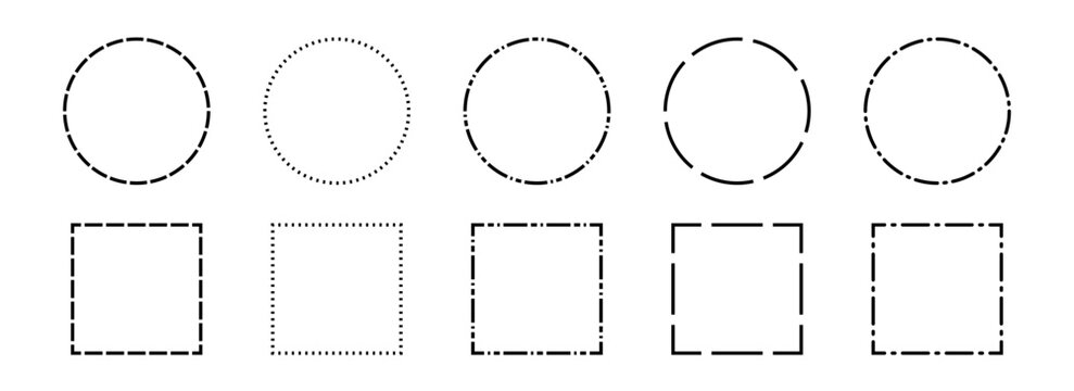 Black dashed frame set. Dashed outline circle and square border collection. Geometric dotted rectangular and round shape pack. Outline cut out element design bundle for poster, banner, flyer. Vector