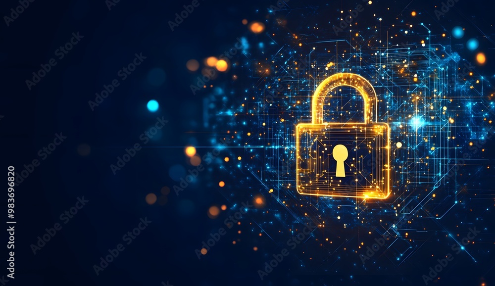 Poster a digital illustration of an illuminated lock symbol with circuit patterns,
