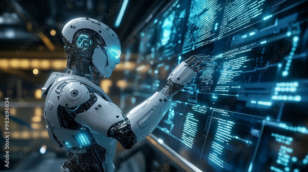 Aufkleber Robot working with holographic interface showing data analysis on screen