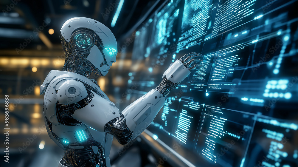 Poster Humanoid robot analyzing big data on digital screen interface