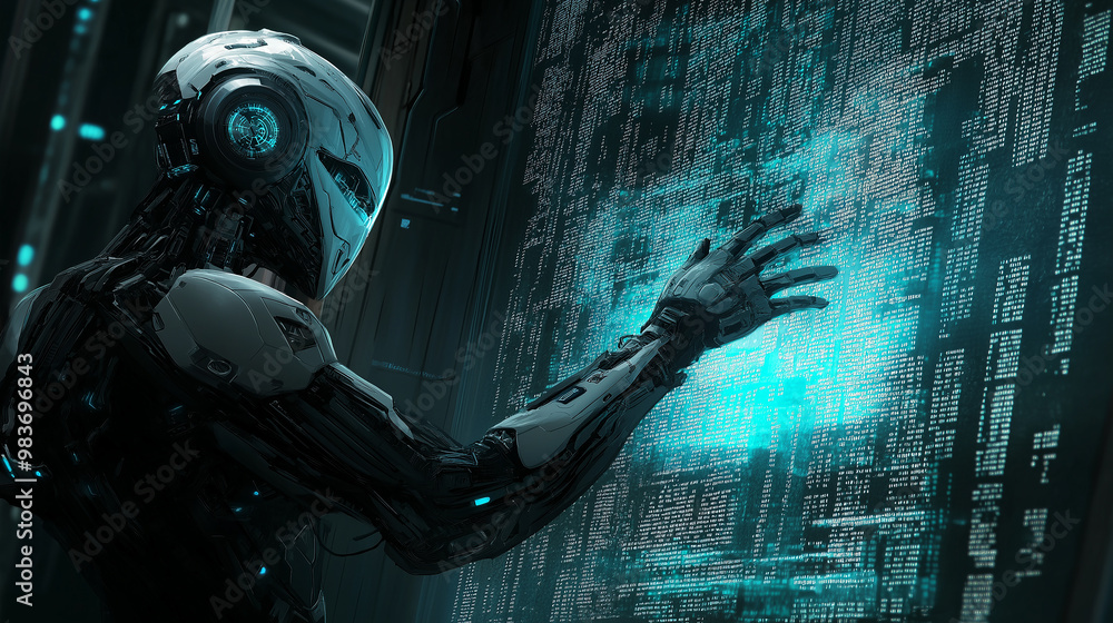 Aufkleber Futuristic robot analyzing code on digital display