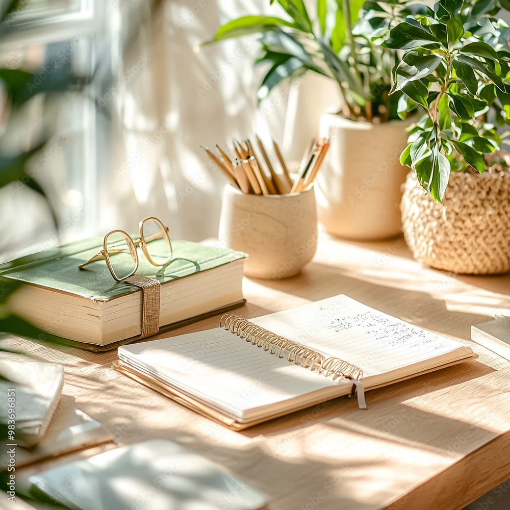 Poster a desk with a notebook open and a pair of glasses on top of a book