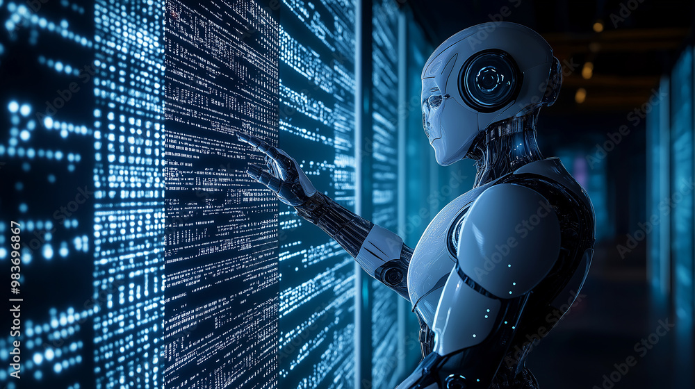 Poster Ai robot analyzing computer code on digital display