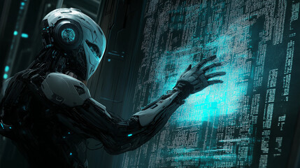 Futuristic robot analyzing code on digital display
