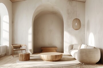 Minimalist modern living room with white walls, arched doorways, muted tones, round coffee table, sofa, armchair, pendant light, and wooden floor.