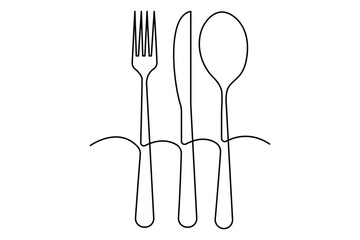 One continuous one line hand drawn plate, knife and fork Simple sketch design isolated on white background. outline Vector illustration