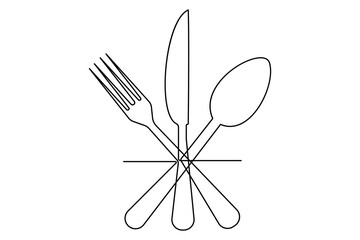One continuous one line hand drawn plate, knife and fork Simple sketch design isolated on white background. outline Vector illustration
