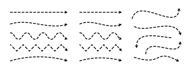 Obraz premium Black dashed arrows set. Wavy zigzag arrow collection. Doodle sketched dotted pointers and direction lines. Curved and straight outline stripe design element bundle for flyer, poster, brochure. Vector