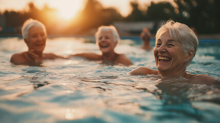 Fototapeta premium Senior women having fun swimming in pool at sunset