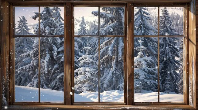 Beautiful window view showcasing a serene winter snowy pine forest landscape, inviting a sense of tranquility and warmth from the in Seamless looping 4k time-lapse virtual video animation Generated AI