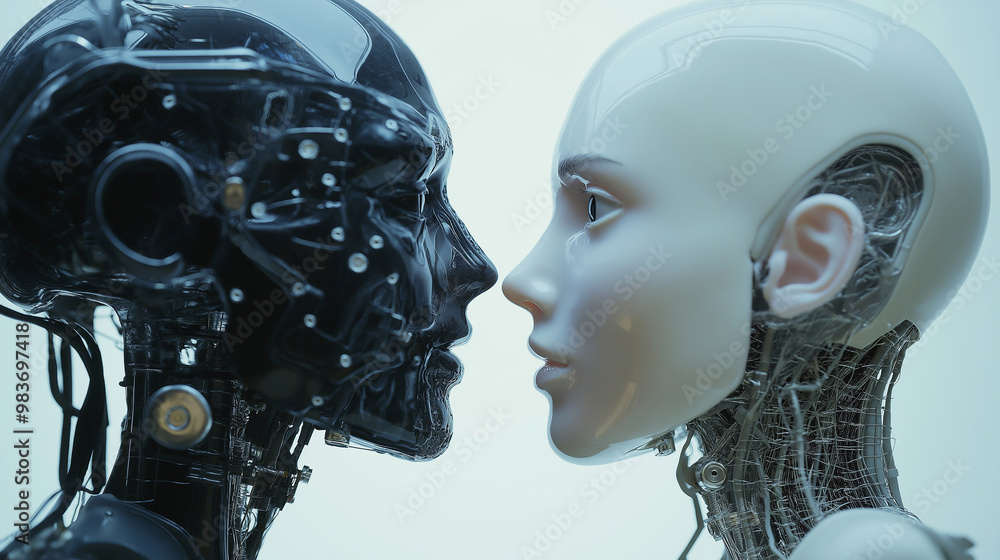 Poster black robot and a white robot are facing each other