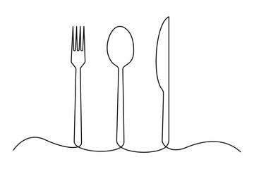 One continuous one line hand drawn plate, knife and fork Simple sketch design isolated on white background. outline Vector illustration