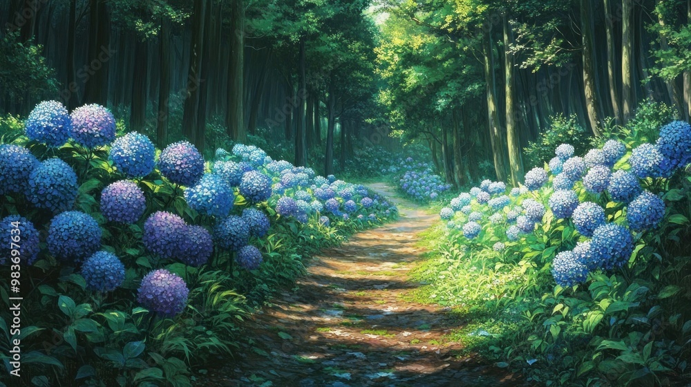 Poster Sunlit Path Through a Hydrangea Forest