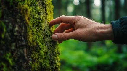 Male hand touching moss covered tree trunk in lush forest