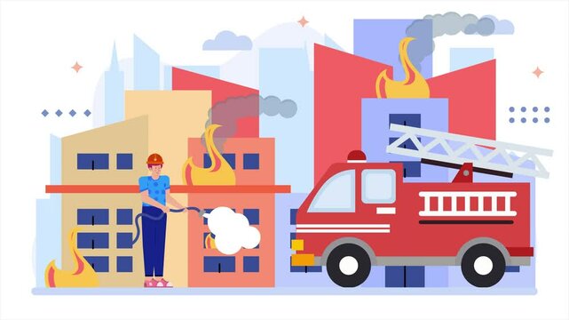 a firefighter using a hose to extinguish a fire on a burning building with a fire truck nearby illustration animated video