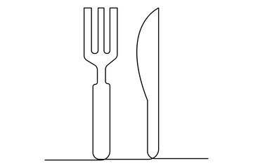 One continuous one line hand drawn plate, knife and fork Simple sketch design isolated on white background. outline Vector illustration