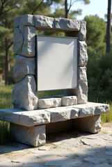 自然の中に作られた石のモニュメントと白いボード