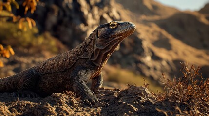 Obraz premium An ultra-realistic, close-up shot of a Komodo Dragon standing on a dry rocky terrain