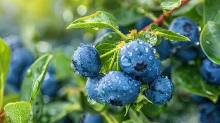 Close-up of Dewy Blueberries on a Branch