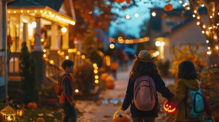 Obraz premium Children Enjoying Halloween Festivities in the Neighborhood