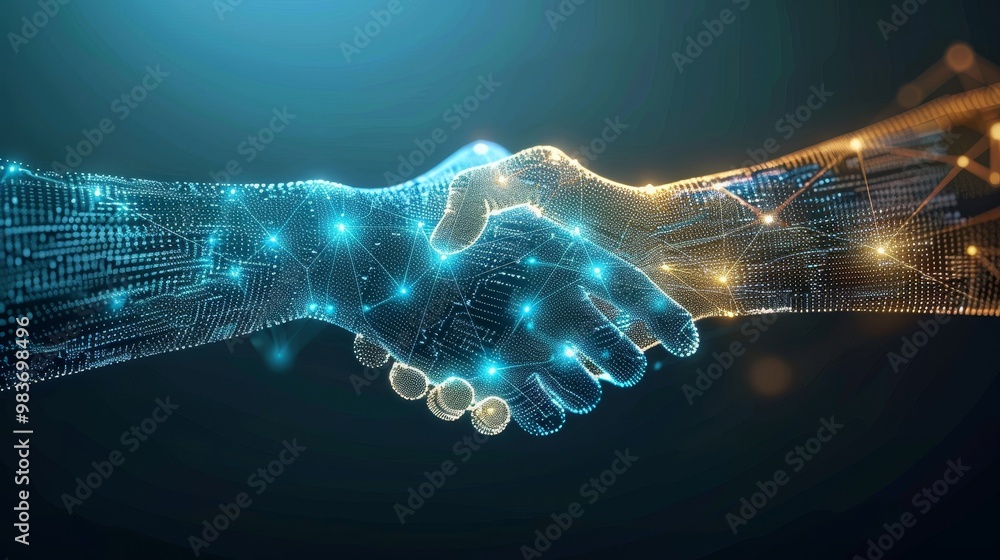 Poster a digital handshake representing collaboration and connection between technology and humans.