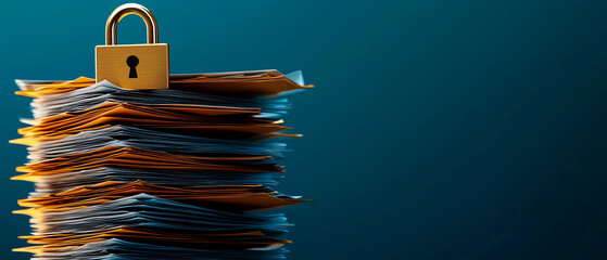 Stack of files secured with a padlock, symbolizing data protection and confidentiality in the digital age.